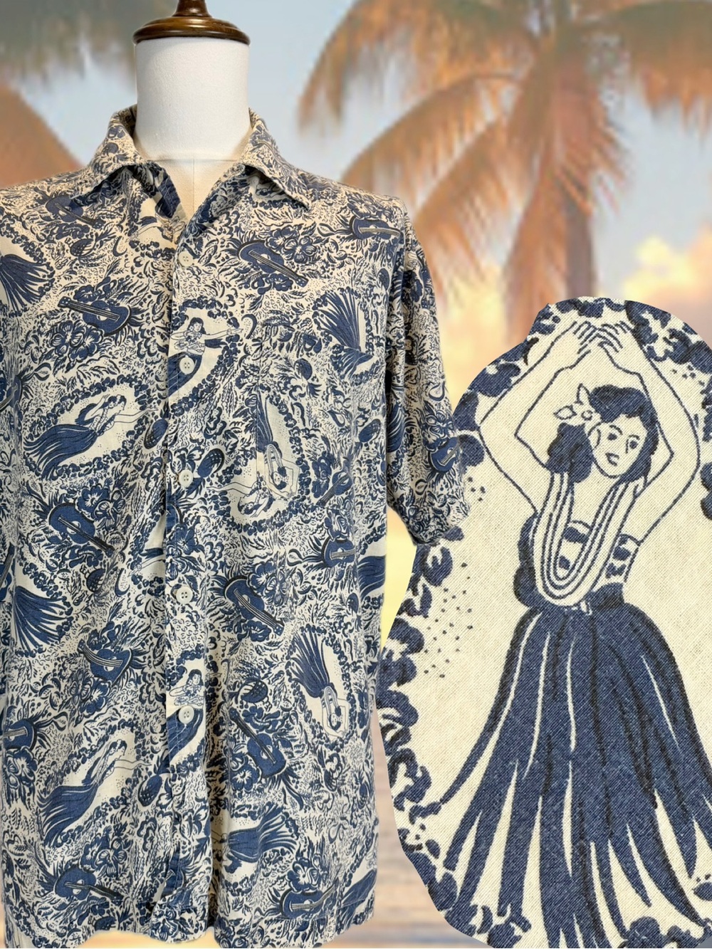 VINTAGE Hawaiian hula dancer button down shirt men’s cotton ukulele guitar toile